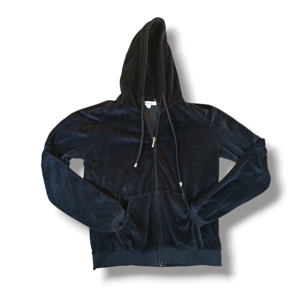 White Lily Black Velour Full Zip Hoodie Regular Fit Gold Hardwear Pockets Size M